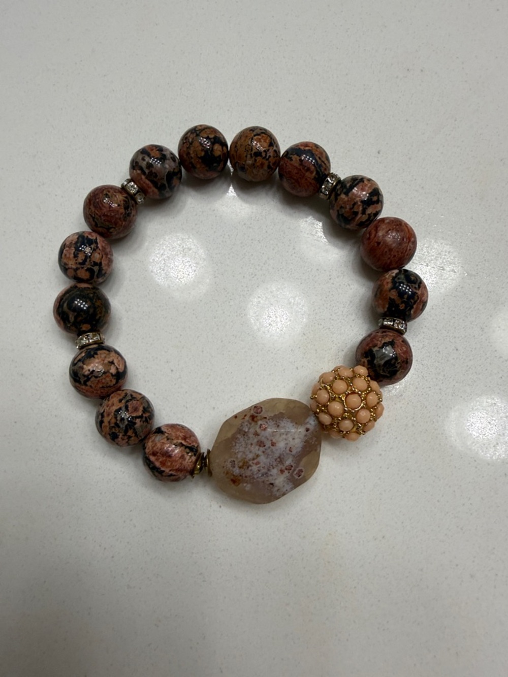Coral and Black Agate Beaded Stretch Bracelet with Decorative Accent
